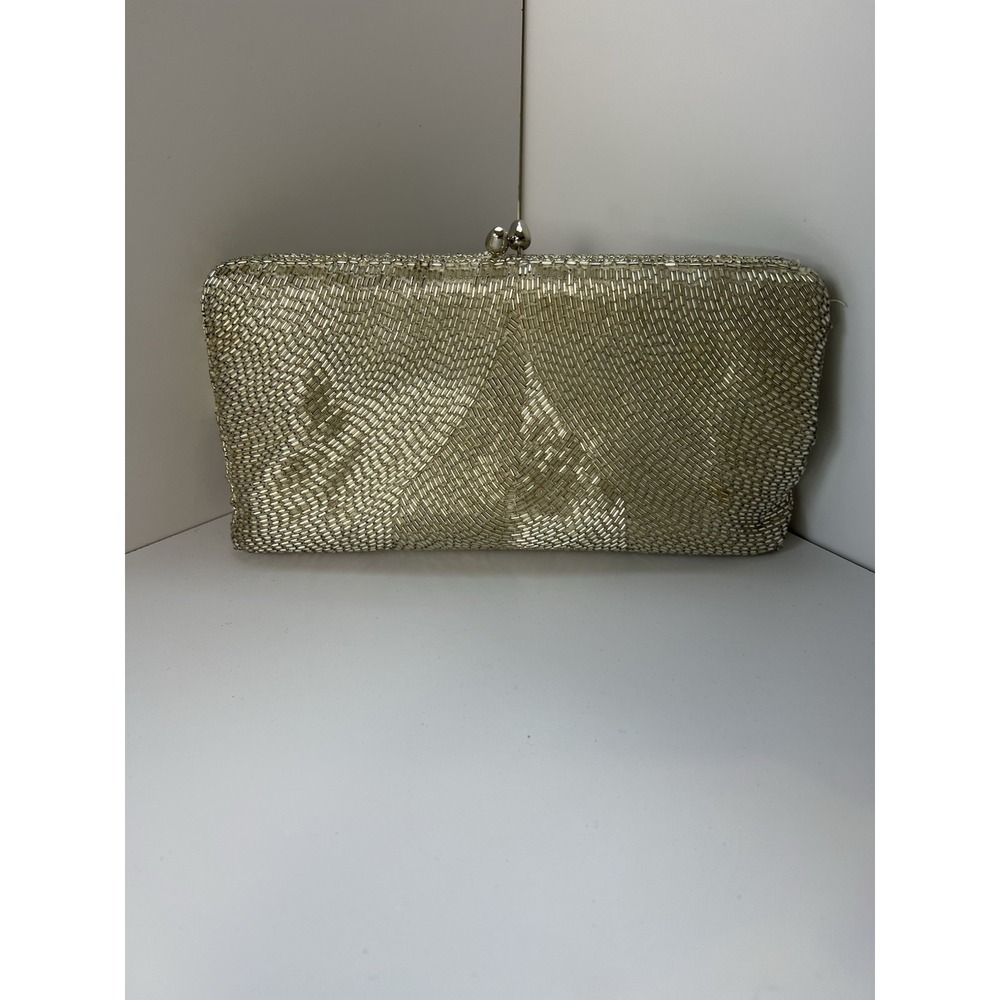 VTG Beaded Evening Clutch Purse Gold Silver Kiss Lock Chain Strap Pocket Mirror